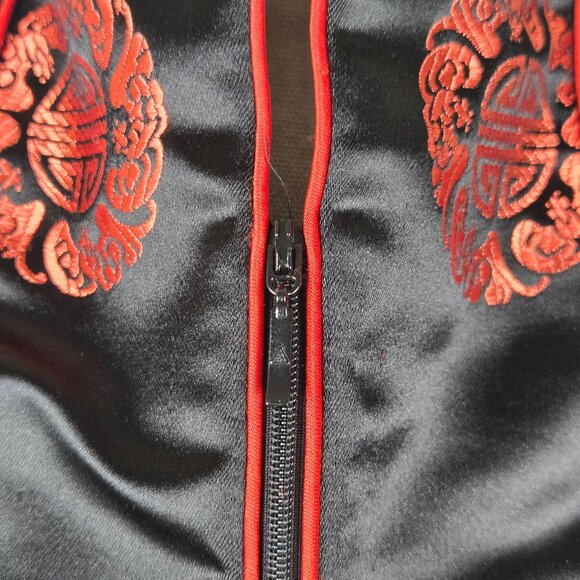 VuahongMei Size Medium Black Satin Zip Front Blazer Red Accents Asian Design - Picture 3 of 13